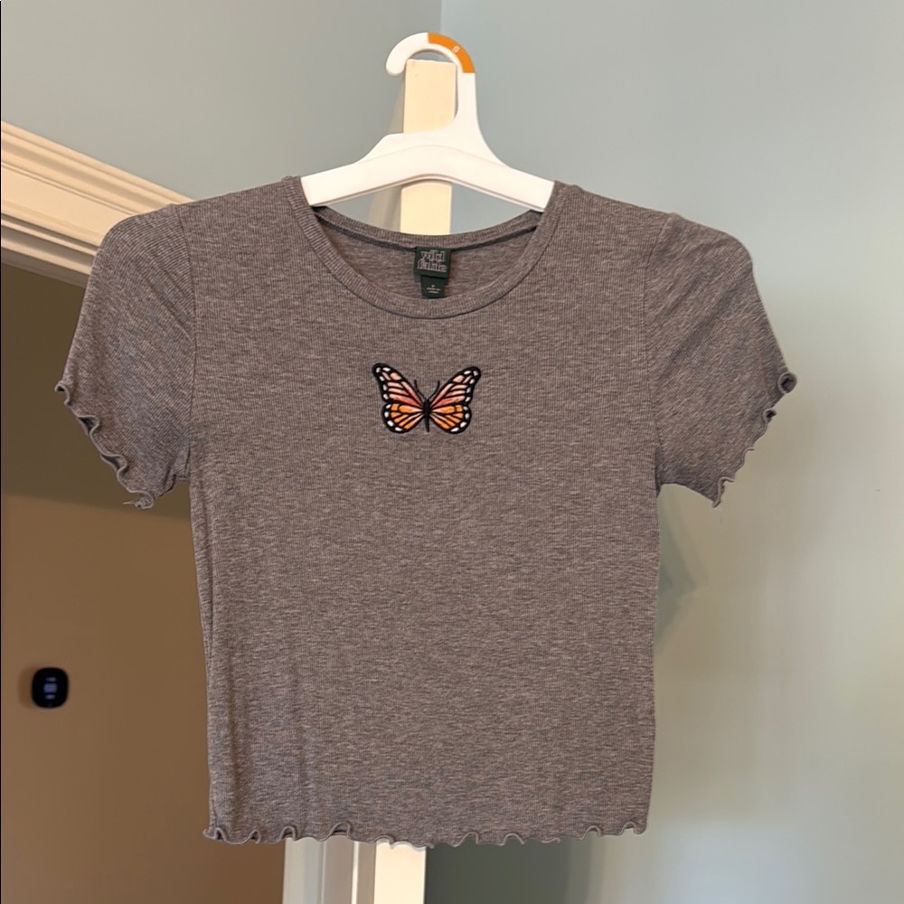 Gray Butterfly Embroidered Women's Crop Top